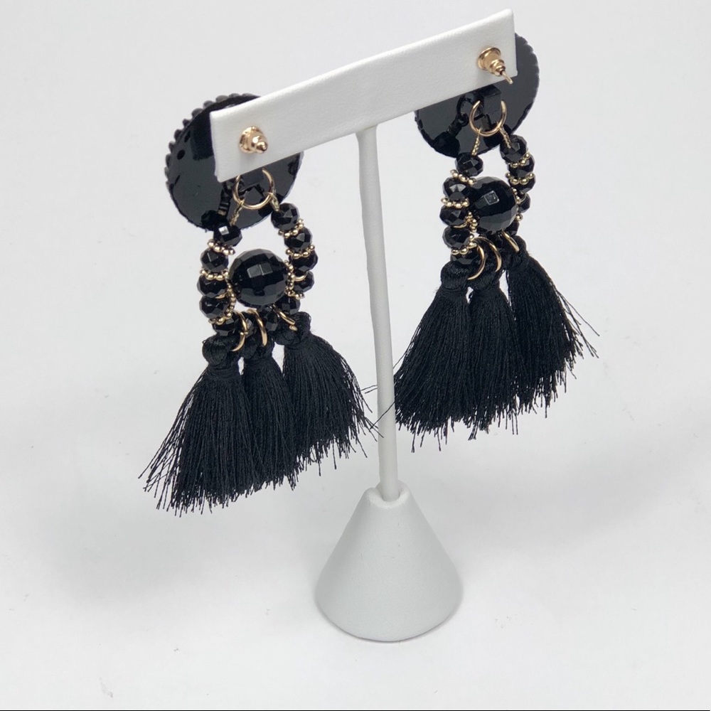 Boho Black Tassel Statement Women Earrings - Picture 4 of 5